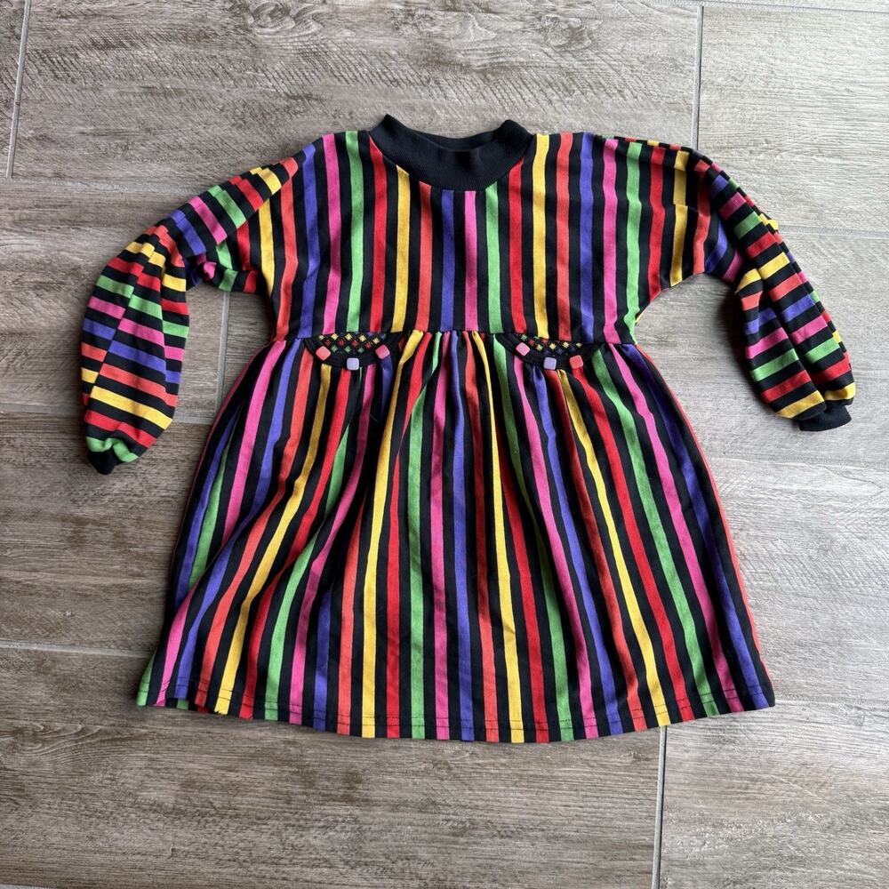 Vintage Polly Flinders Girls Dress Size 5 Rainbow Stripe Knit 70s Mod Colorful